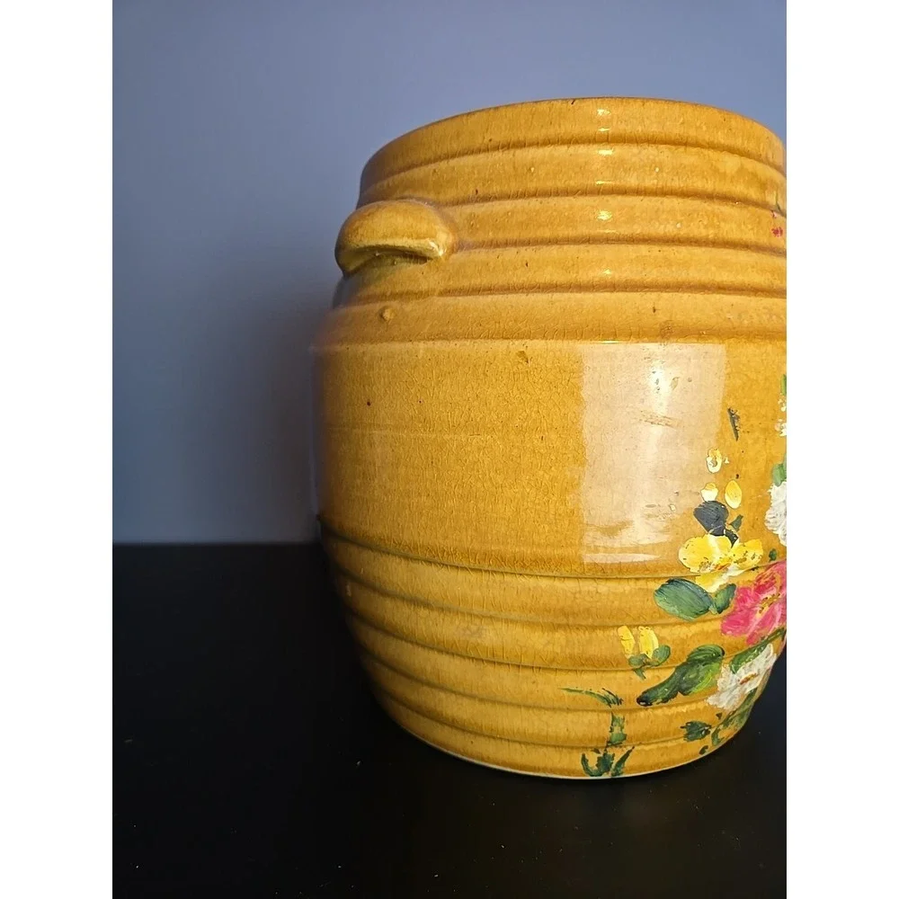 Red Wing Saffron Ware Yellow Lidded Cookie Jar Hand Painted Flower Motif‎ Rare!